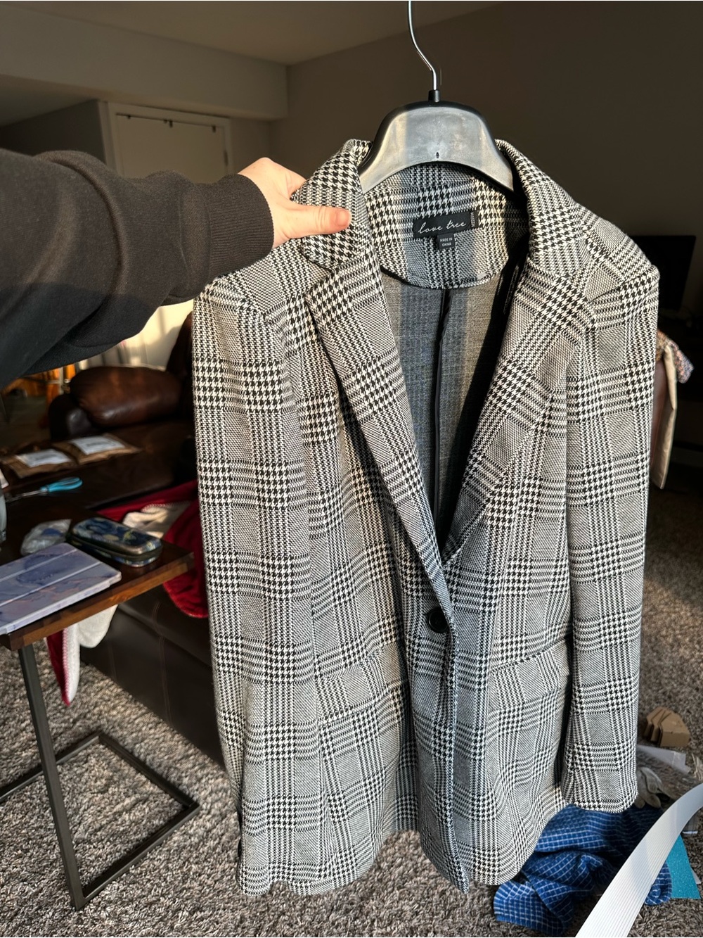 Plaid Houndstooth single-Button Blazer in Black & White
